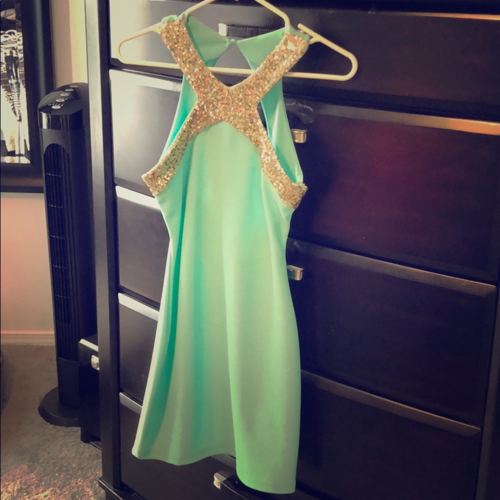 Mermaid green and sequence gold dress